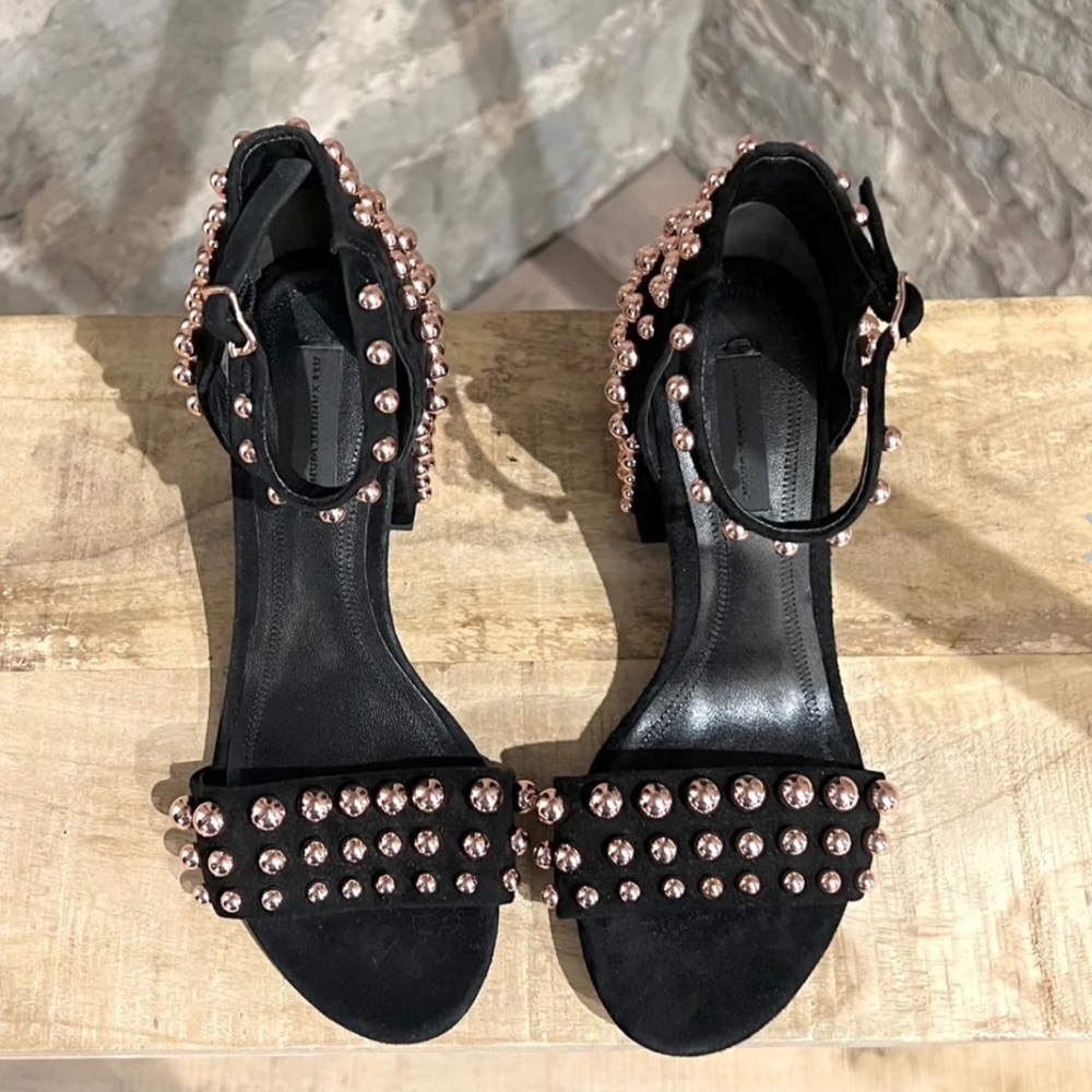 Alexander Wang Abby Black Suede Rose Gold Studded Heel Sandals Sz 7 Pre❤️